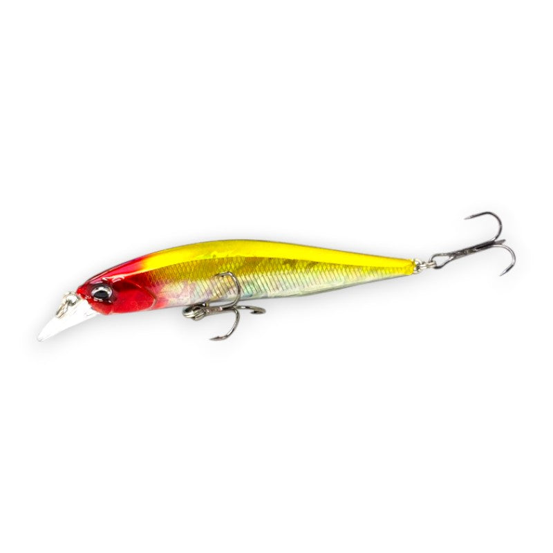 WBQ Tackle supplies Superse Ninety 83 suspending jerkbait fishing lure, red head with yellow body and silver accents, 85mm length.