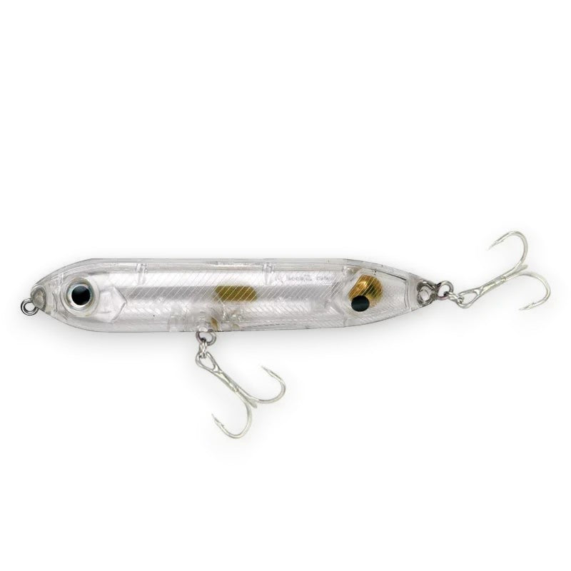 WBQ Tackle supplies Superse Zig Brat 96F clear fishing lure with treble hooks and realistic eyes.