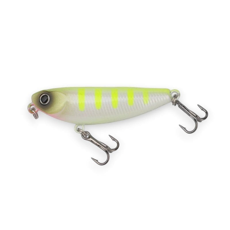 WBQ Tackle supplies Superse MicroZig WTD PE024 fishing lure, white with yellow stripes, two treble hooks.