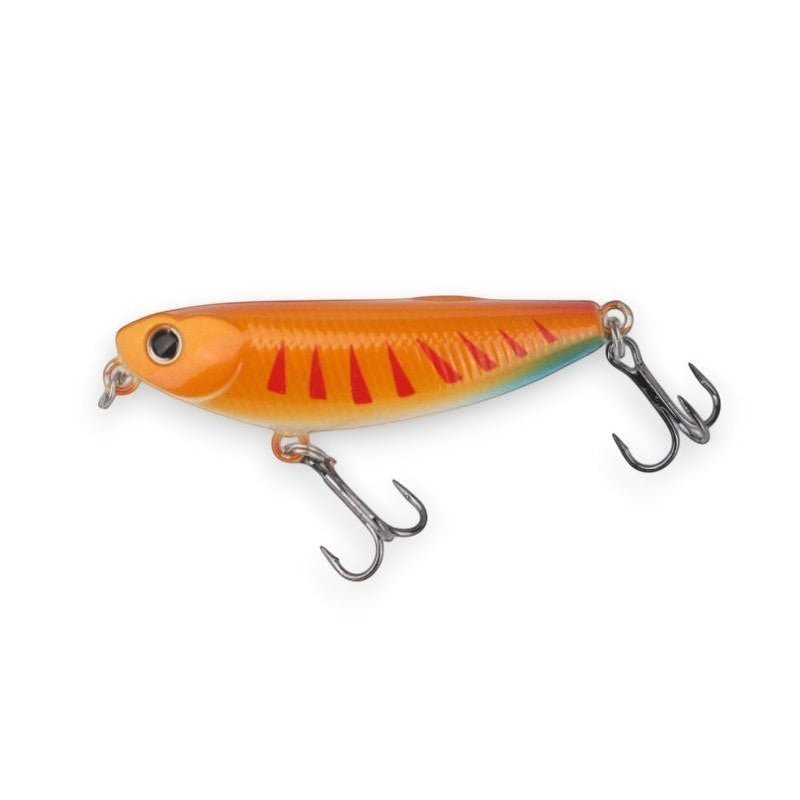 WBQ Tackle Supplies orange fishing lure with red stripes and two treble hooks, designed for freshwater fishing.