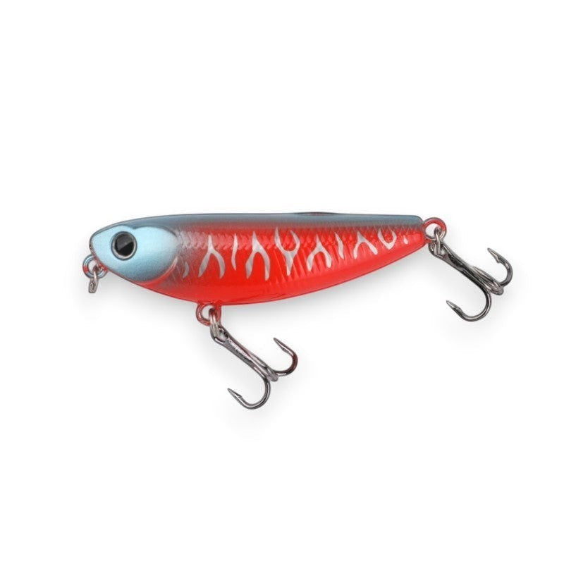 WBQ Tackle Supplies red and blue fishing lure with silver scale pattern and treble hooks.