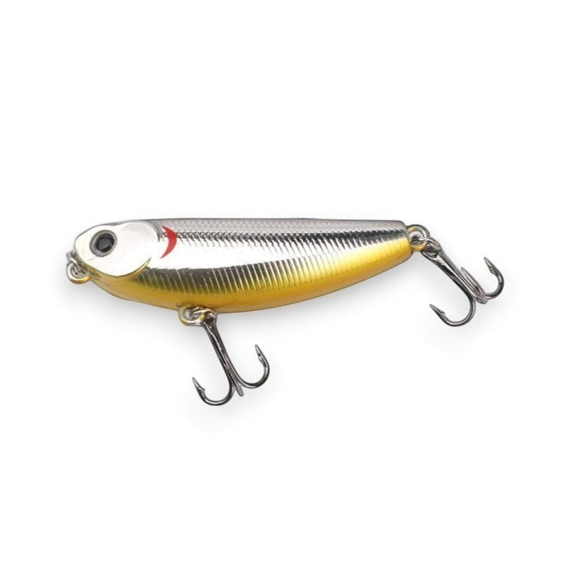 WBQ Tackle supplies silver and gold fishing lure with treble hooks and red accent detail.