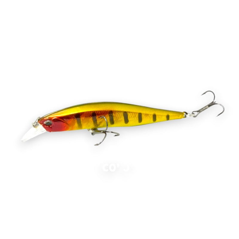 WBQ Tackle supplies Superse Ninety 83 suspending jerkbait fishing lure, yellow with red head and black stripes, 85mm length.