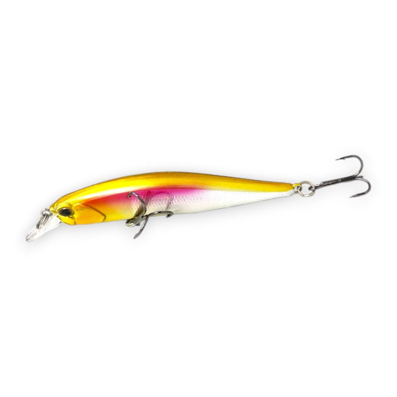 WBQ Tackle supplies Superse Ninety 83 suspending jerkbait fishing lure, gold and pink.
