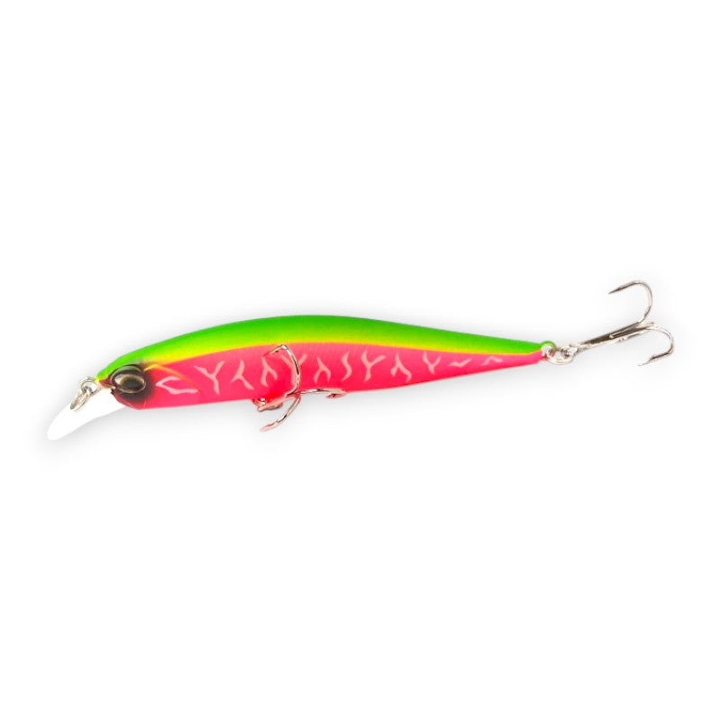 WBQ Tackle supplies Superse Ninety 83 suspending jerkbait fishing lure, green and pink with red scale pattern, 85mm length.