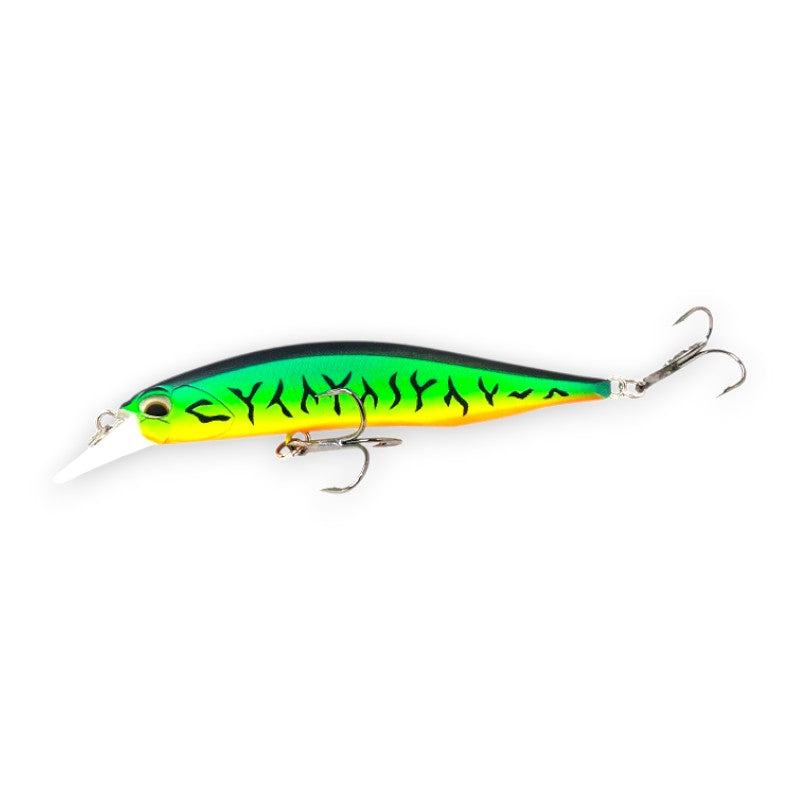 WBQ Tackle supplies Superse Ninety 83 suspending jerkbait fishing lure, green and yellow with black markings, 85mm length.