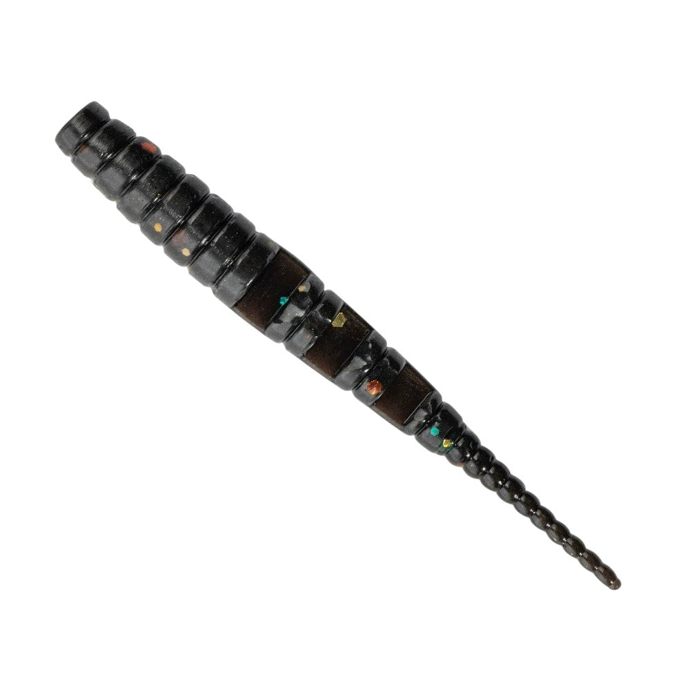 WBQ Tackle supplies Superse 1.5 inch black segmented soft plastic fishing lure with glitter accents