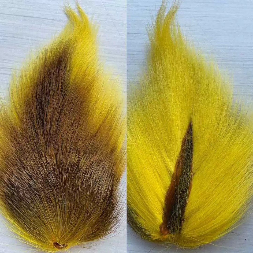 WBQ Tackle supplies Superse Bucktail Fur, yellow with brown undertones, for fly tying and fishing lures.