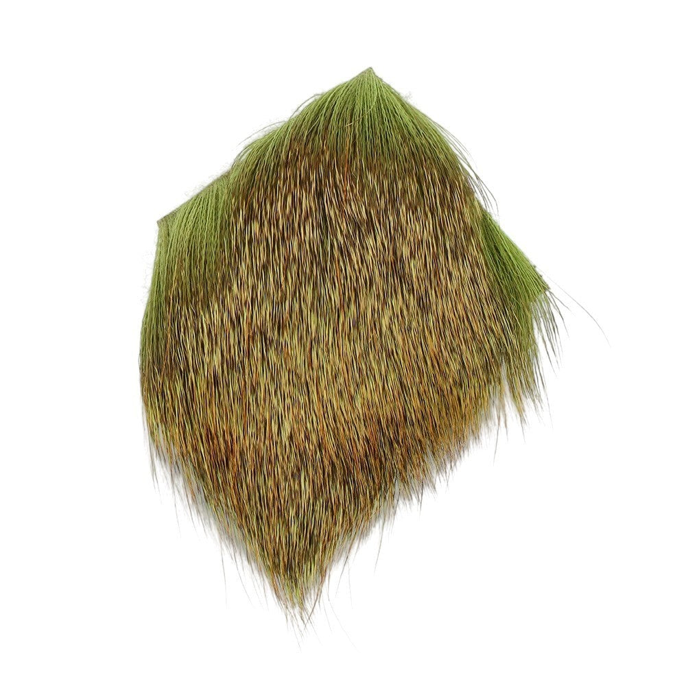 WBQ Tackle supplies Superse deer fur fly tying material in olive green and tan, natural texture for nymphs and streamers.