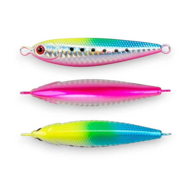 WBQ Tackle supplies Exotic Metal Chunky Jig fishing lure with holographic silver, pink, yellow, green, and blue gradient colors.