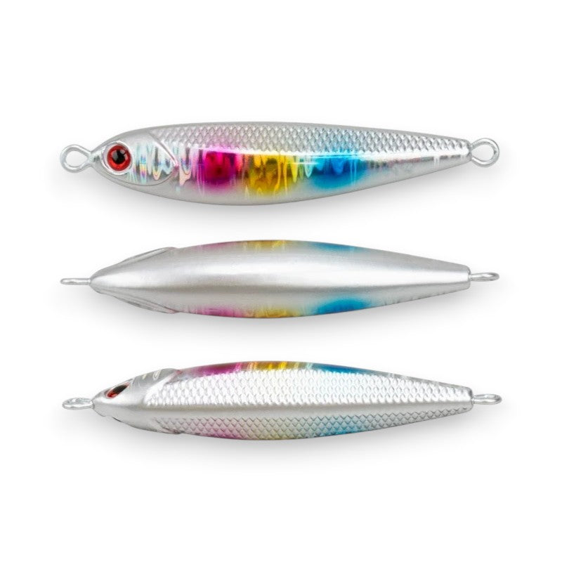 WBQ Tackle supplies Exotic Metal Chunky Jig fishing lure with red eye and rainbow iridescent finish. UV reactive.