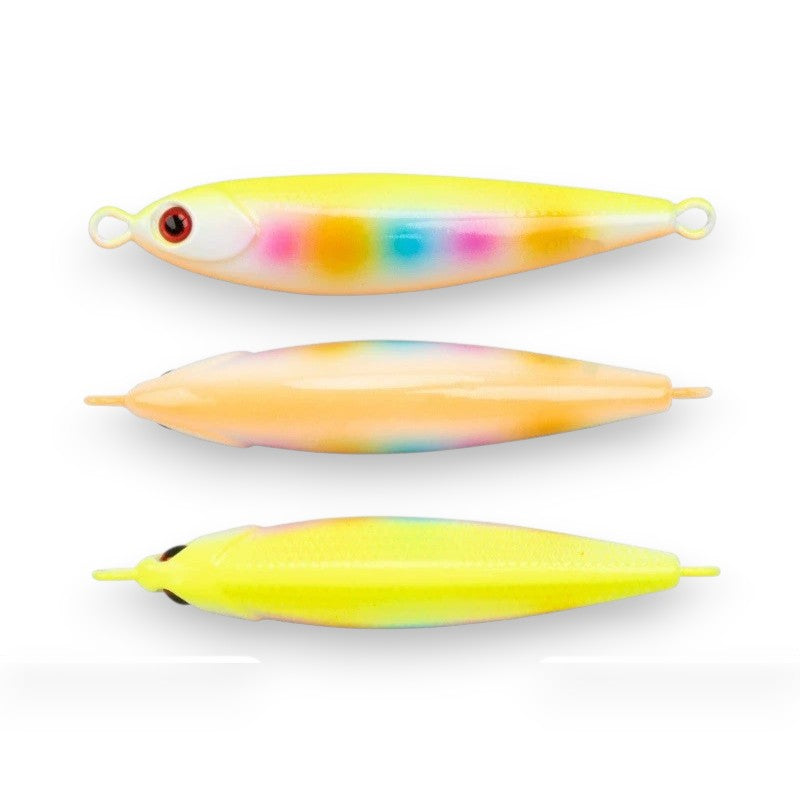 WBQ Tackle supplies Exotic Metal Chunky Jig fishing lure, yellow with rainbow accents, glows in dark and UV light.