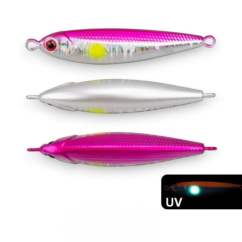 WBQ Tackle supplies Exotic Metal Chunky Jig fishing lure, pink and silver with yellow spot, UV reactive.