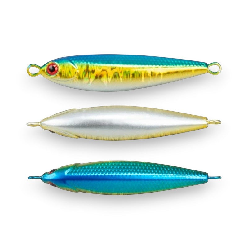 WBQ Tackle supplies Exotic Metal Chunky Jig fishing lures in blue, gold, and silver finishes with red eyes.