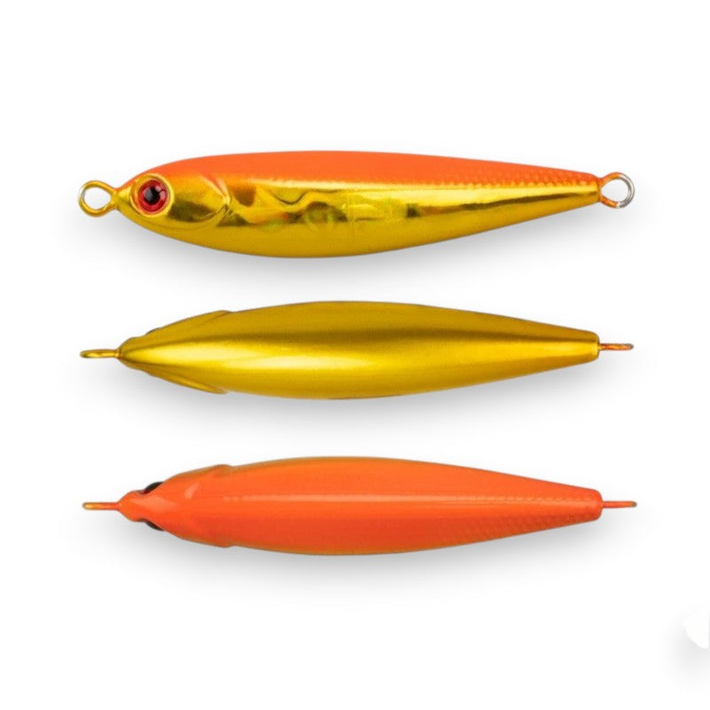 WBQ Tackle supplies Exotic Metal Chunky Jig fishing lure in orange and gold with red eye detail. UV reactive.