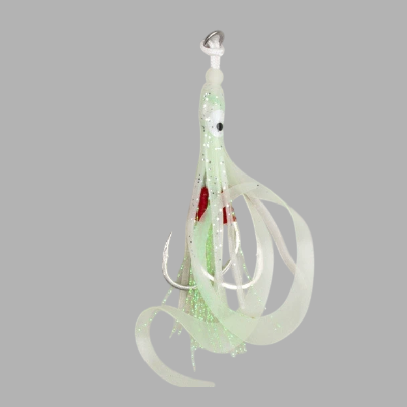 WBQ Tackle supplies Ironhook Squid Twin Assist lure in glow-in-the-dark green with dual sharp fishing hooks