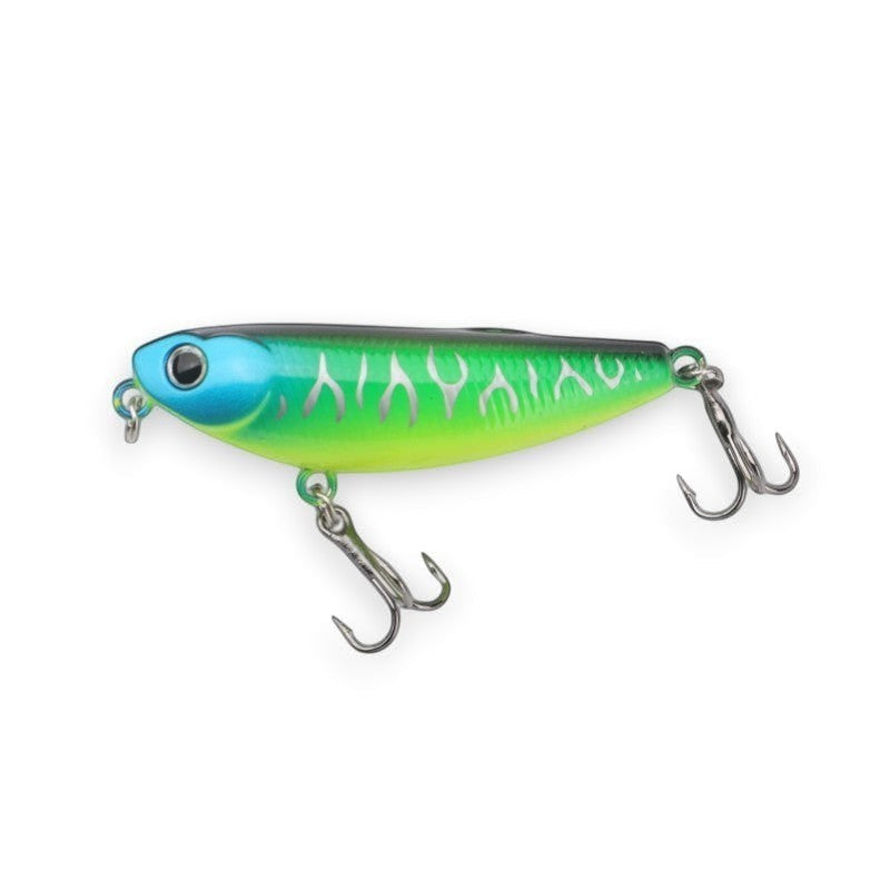 WBQ Tackle Supplies Superse MicroZig WTD PE024 fishing lure, green and blue with silver scale pattern and treble hooks.