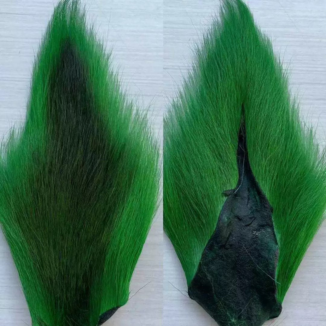 WBQ Tackle supplies bright green bucktail fur with darker green undertones and a black leather backing.
