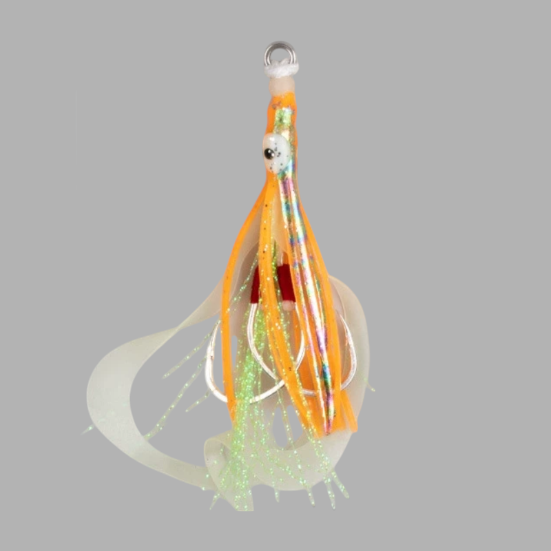 WBQ Tackle supplies Ironhook Squid Twin Assist fishing lure with orange and white tentacles and reflective accents