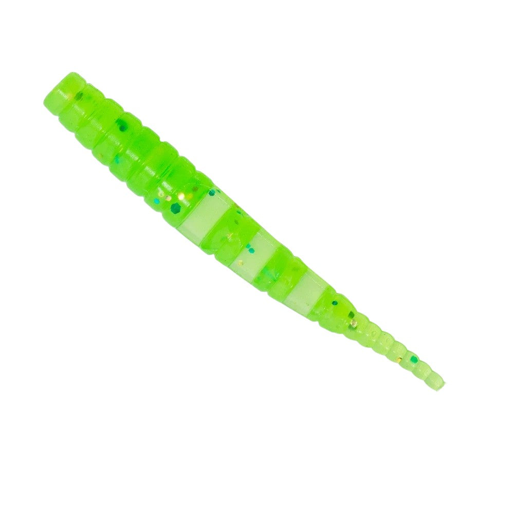 WBQ Tackle supplies 1.5 inch neon green segmented soft plastic fishing lure with a thin tail