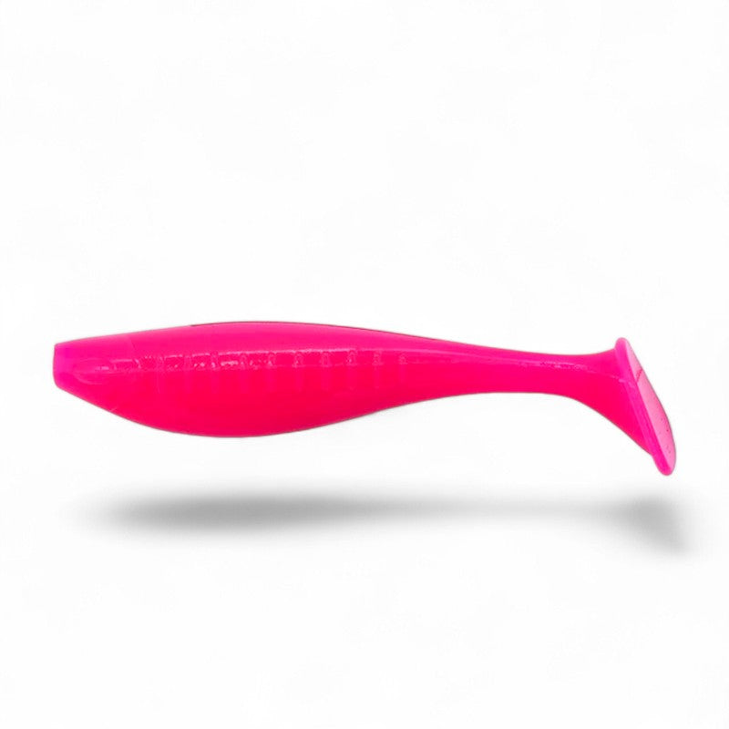 WBQ Tackle supplies bright pink soft plastic fishing lure with a T-tail design for versatile performance.