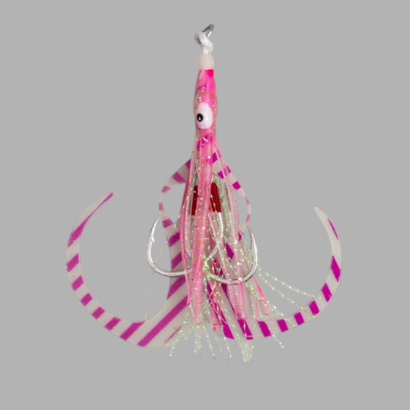 WBQ Tackle supplies Ironhook Squid Twin Assist fishing lure with pink striped tentacles and glow-in-the-dark features