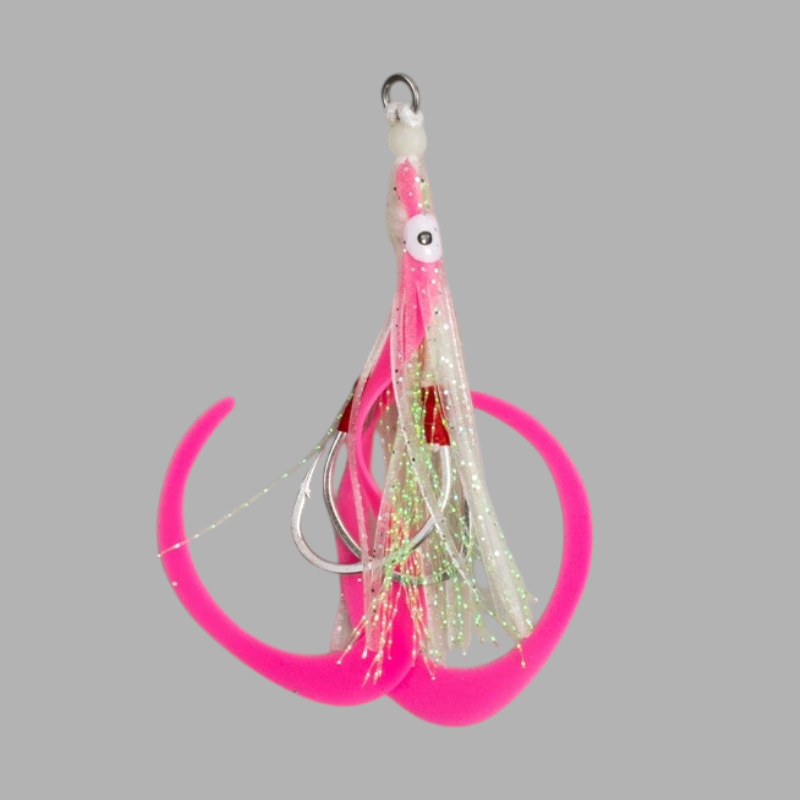 WBQ Tackle supplies Ironhook Squid Twin Assist lure with pink silicone tentacles and sharp metal fishing hooks