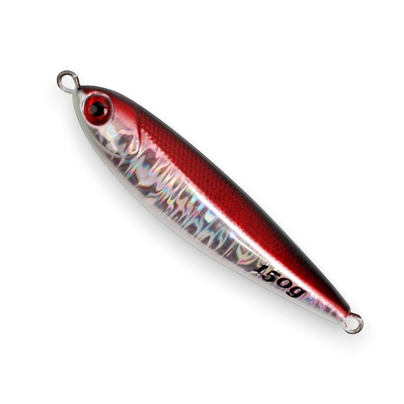WBQ Tackle supplies red and silver metal 150g jig fishing lure with realistic eye detail