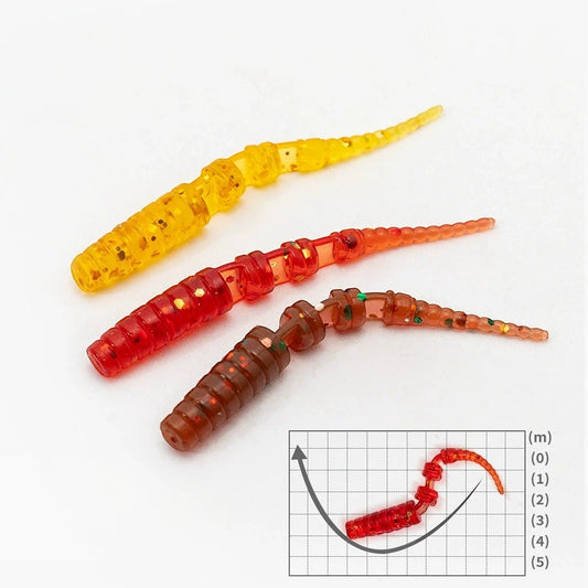 WBQ Tackle supplies Superse 1.5 inch section tail soft plastic fishing lures in yellow, orange, and brown