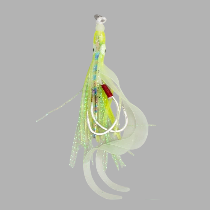 WBQ Tackle supplies Ironhook Squid Twin Assist lure in chartreuse and white with glitter and dual fishing hooks