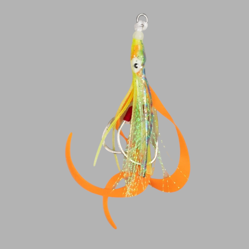 WBQ Tackle supplies Ironhook Squid Twin Assist lure with orange silicone tentacles and holographic yellow skirt