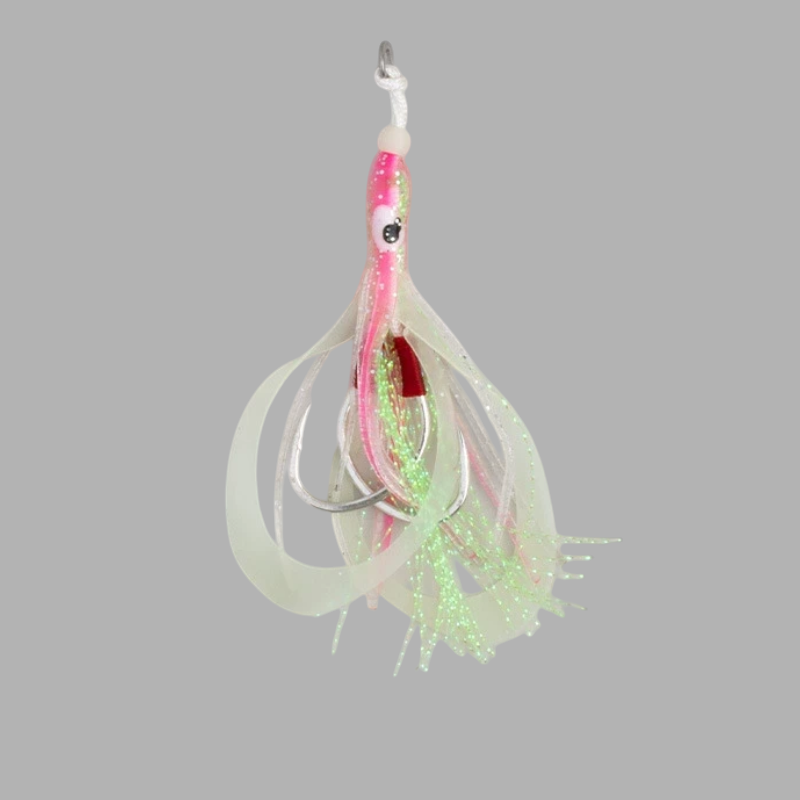 WBQ Tackle supplies Ironhook Squid Twin Assist lure with pink head and translucent glowing green tentacles