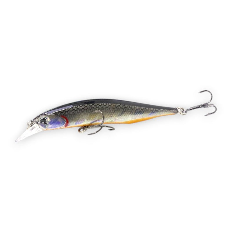 WBQ Tackle supplies Superse Ninety 83 suspending jerkbait fishing lure, silver and blue with orange belly, 85mm length.