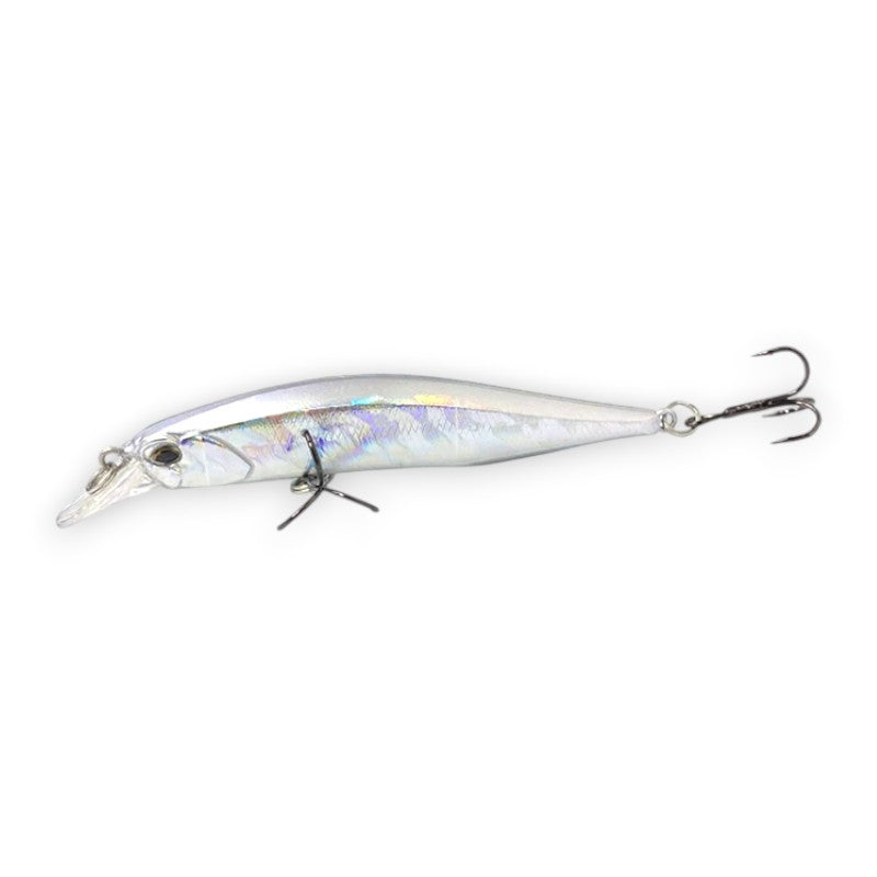 WBQ Tackle supplies Superse Ninety 83 suspending jerkbait, silver with holographic accents, 85mm length, 8.5g weight.