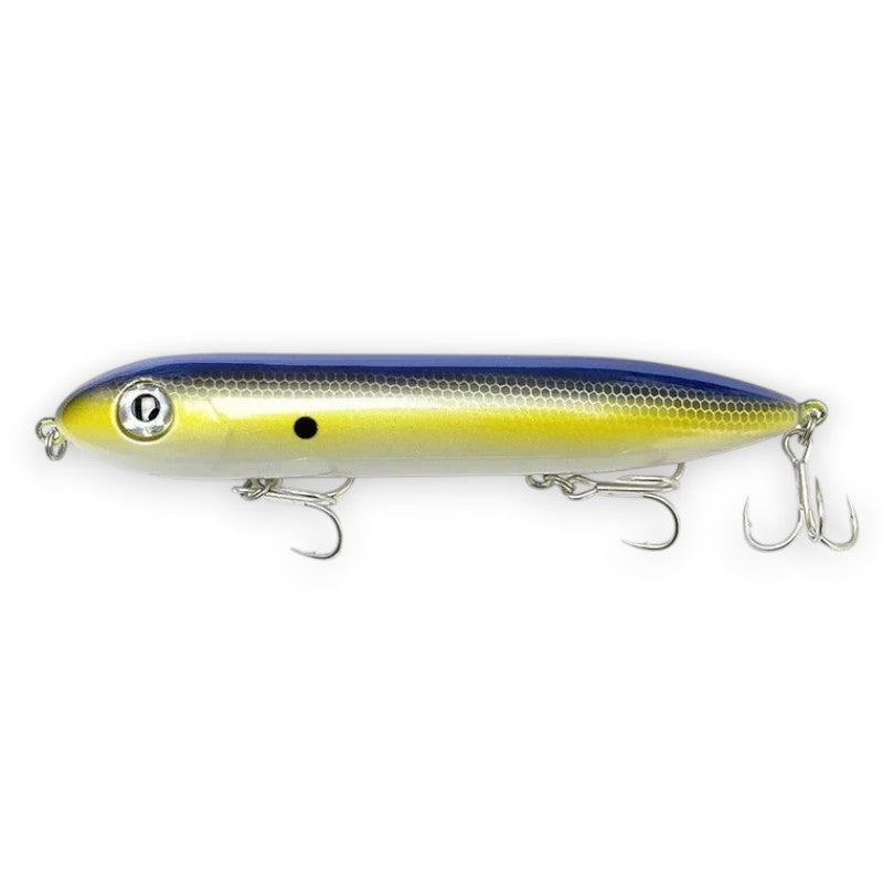 WBQ Tackle supplies Superse Zig Brat 126F fishing lure, blue and yellow with silver accents, two treble hooks.