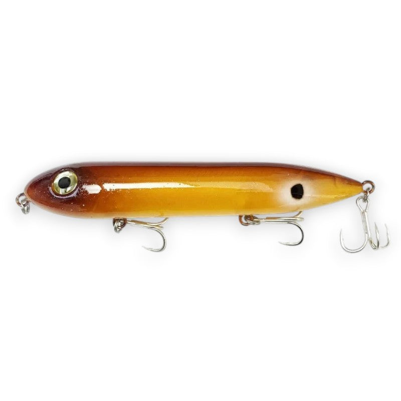WBQ Tackle supplies Superse Zig Brat 126F fishing lure, brown and yellow gradient, with treble hooks.