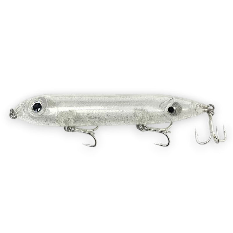 WBQ Tackle supplies Superse Zig Brat 126F clear fishing lure with glitter, two treble hooks, and realistic eyes.