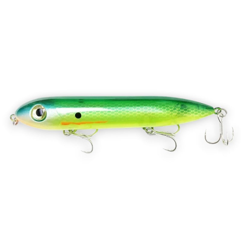 WBQ Tackle supplies Superse Zig Brat 126F fishing lure, green and yellow, with treble hooks.