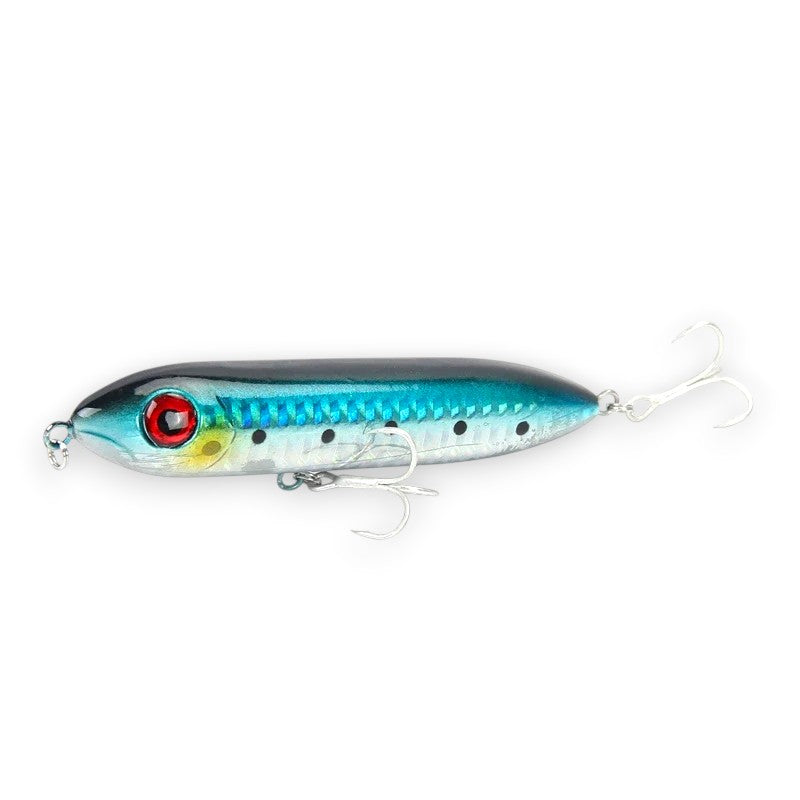 WBQ Tackle supplies Superse Zig Brat 96F fishing lure, blue and silver with red eye and black dots, treble hooks
