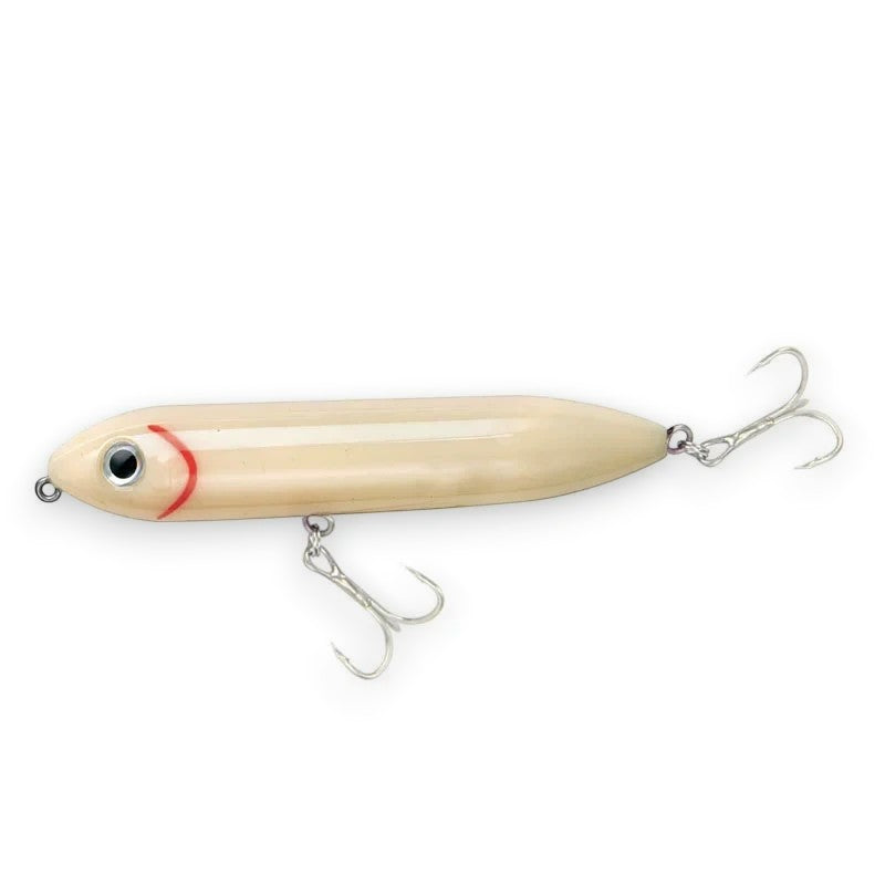 WBQ Tackle supplies Superse Zig Brat 96F fishing lure, cream with red gill detail and two treble hooks.