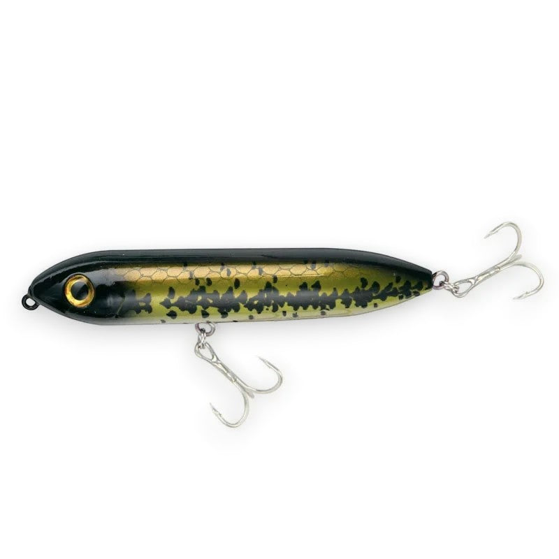 WBQ Tackle supplies Superse Zig Brat 96F fishing lure, black and green speckled design with treble hooks.