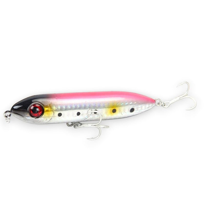 WBQ Tackle supplies Superse Zig Brat 96F fishing lure with red eye, pink and silver body, and treble hooks.