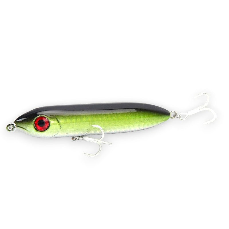 WBQ Tackle supplies Superse Zig Brat 96F fishing lure with red eye, black top, and green/silver body. Features treble hooks.