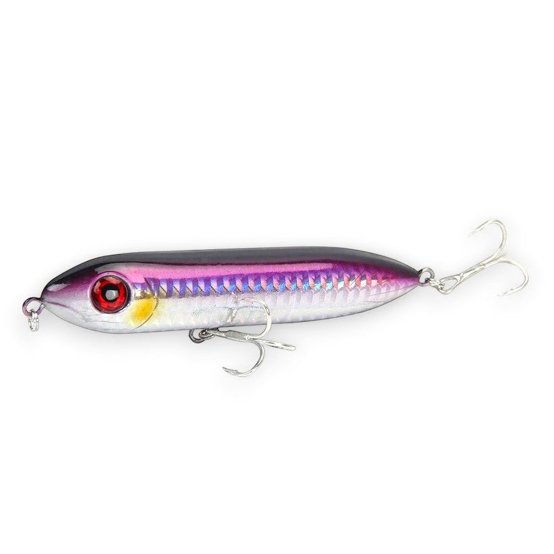 WBQ Tackle supplies Superse Zig Brat 96F fishing lure, purple and silver, with red eye and treble hooks.