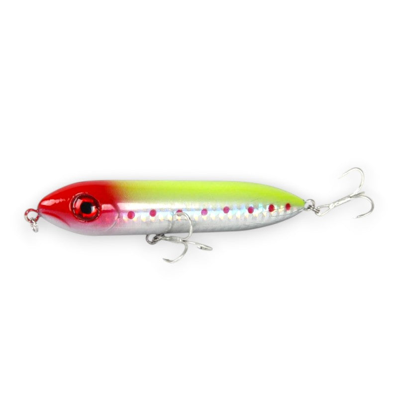 WBQ Tackle supplies Superse Zig Brat 96F fishing lure, red head, chartreuse body, silver sides with red dots, treble hooks.