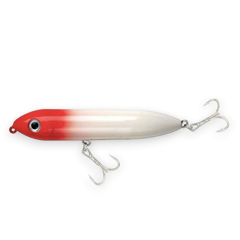 WBQ Tackle supplies Superse Zig Brat 96F fishing lure, red and white gradient, with two treble hooks.