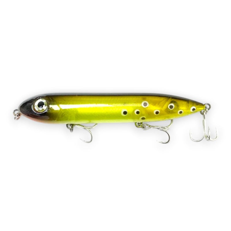 WBQ Tackle supplies Superse Zig Brat 126F fishing lure, yellow-green with black accents and realistic fish scale pattern, 126mm long.