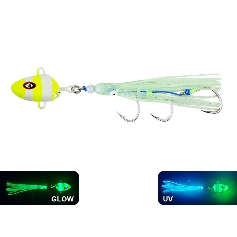 WBQ Tackle supplies Superse Tenya fishing lure with yellow and white head, triple assist hook, and glow-in-the-dark green skirt.