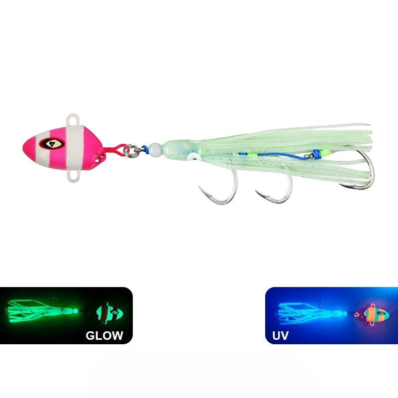 WBQ Tackle supplies Superse Tenya fishing lure with pink and white striped head, glow-in-the-dark skirt, and triple assist hooks.
