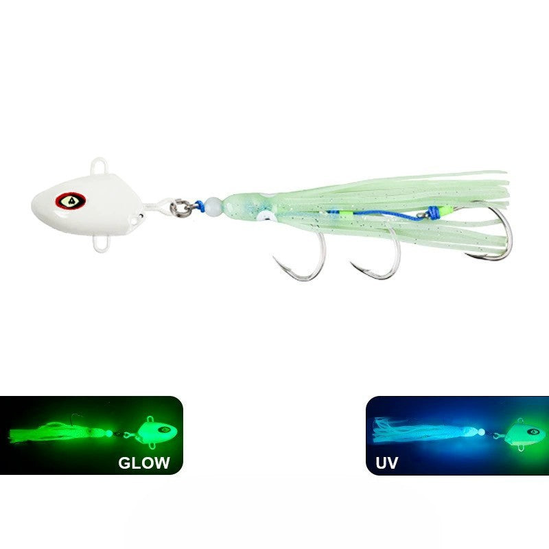 WBQ Tackle supplies Superse Tenya fishing lure with triple assist hook, white head, glow-in-the-dark green skirt.